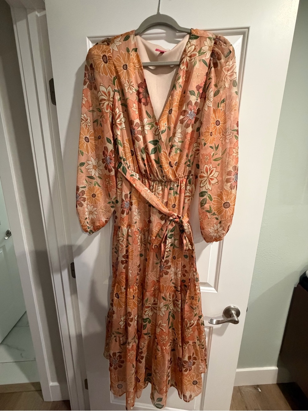 Flying Tomato Peach Floral Wrap Dress with Puff Sleeves